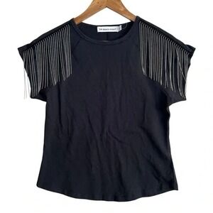 Rebecca Minkoff Black Fringe Shoulder Tee Top Size S NWOT Embellished Chic